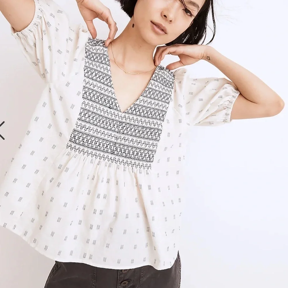 Madewell White Blue Embroidered Clipdot Puff Sleeve Yoke Top Size XS